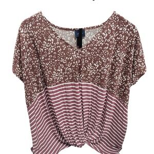 Oversized Daytrip Womens Burgundy White Stripe Leopard Print Twist Front‎ Top Sm